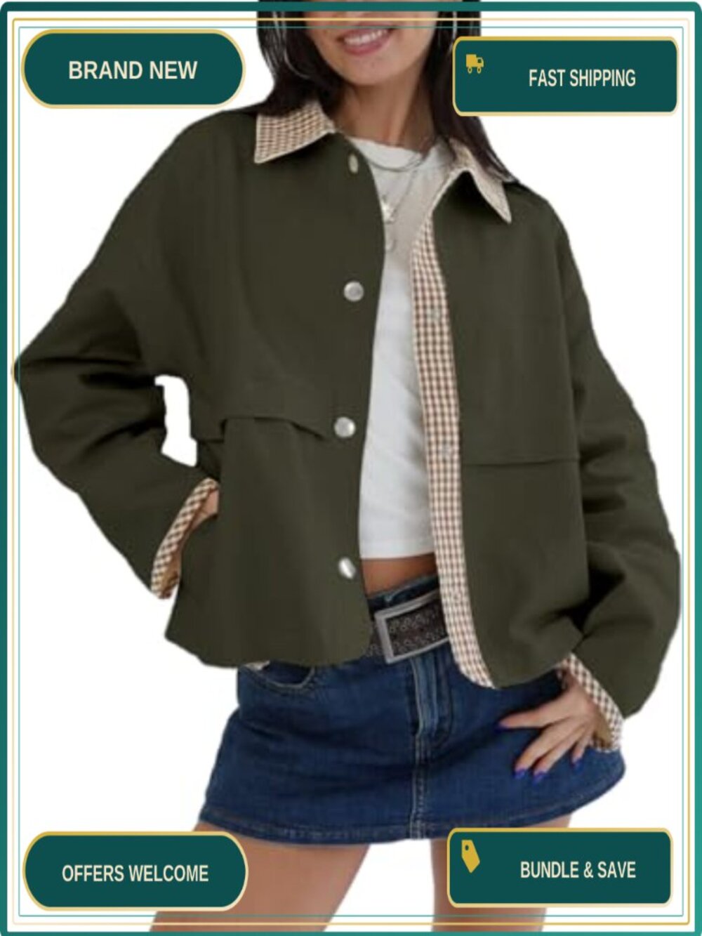 Gingham Cropped Trench Coat Lightweight Short Lapel Jacket